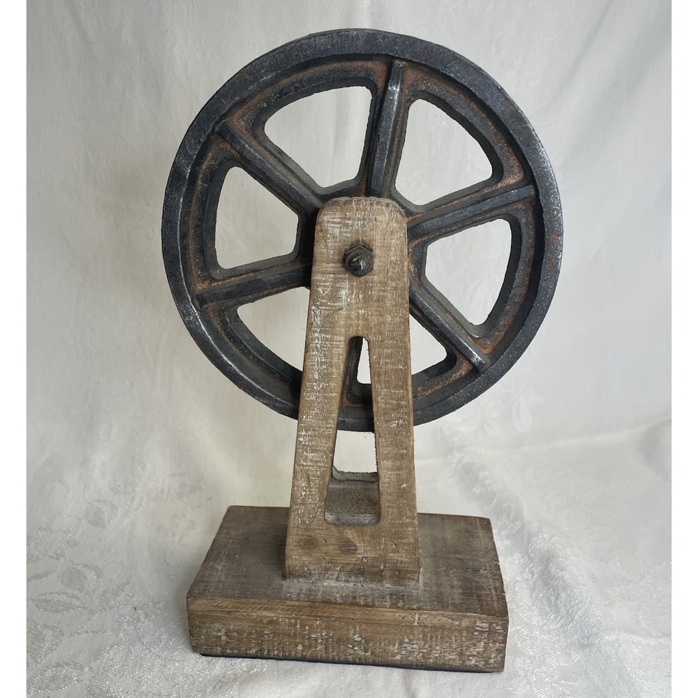 Antique Style Metal Cast Iron Industrial Spinning Wheel Steampunk Vintage Wood
